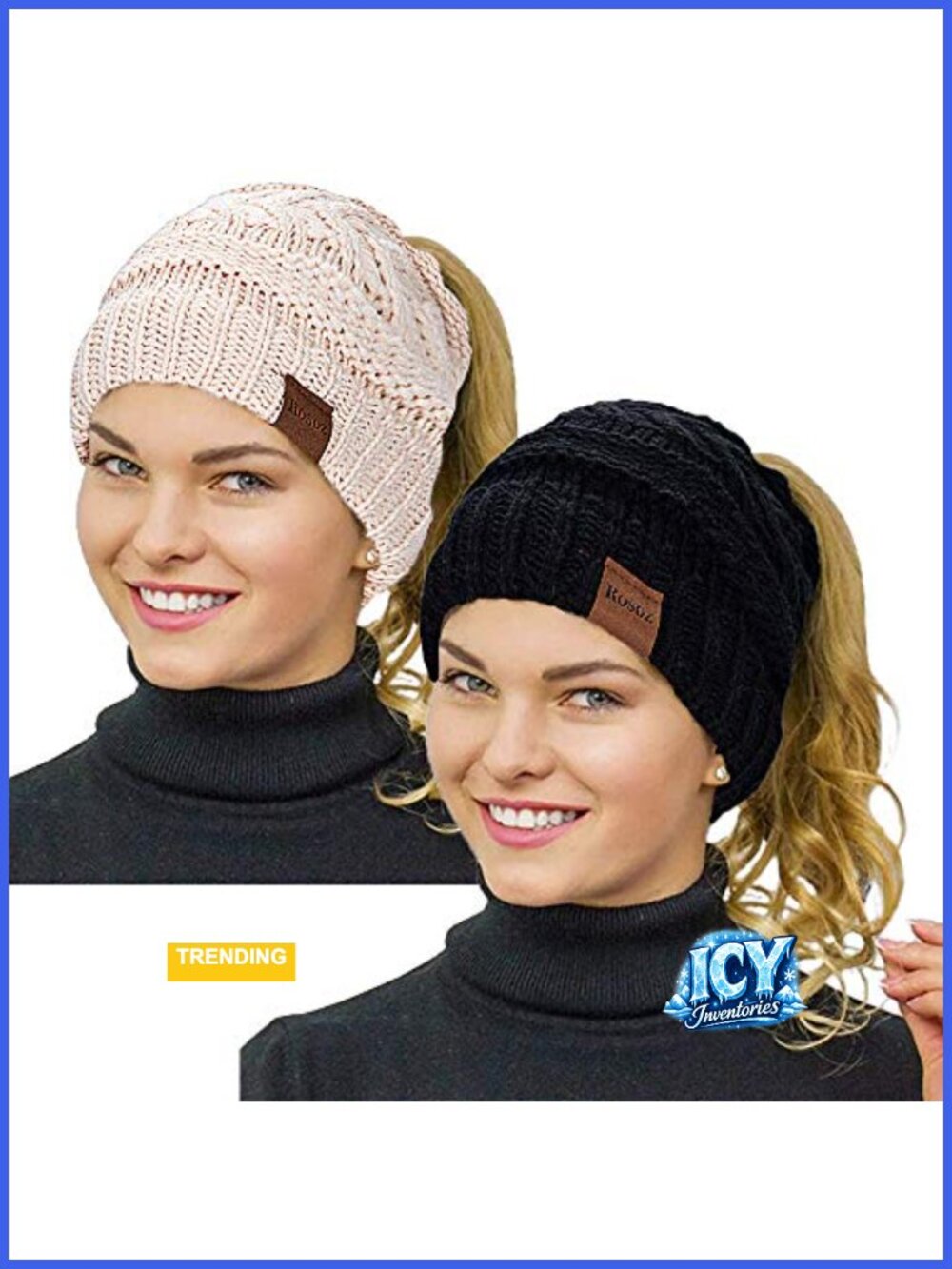 2 Pack Ponytail Beanie Cable Knit Messy Bun Winter Hat Soft Stretch